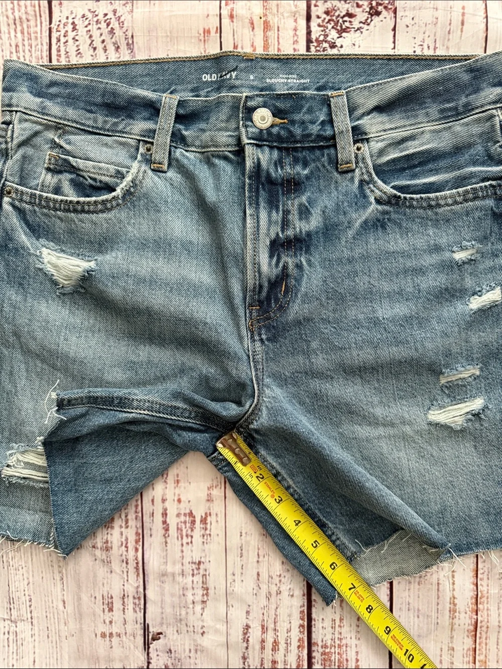 Old Navy High Rise Slouchy Straight Distressed Denim Long Cutoff Shorts 6 NWOT